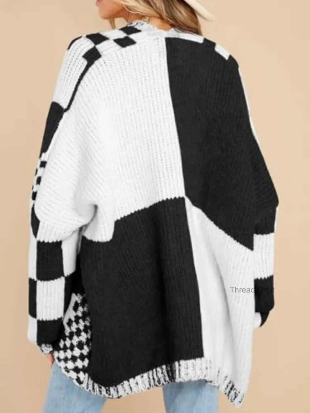 Oversized Checkered Cardigan, Long Sleeve Open Front Knit Sweater_5